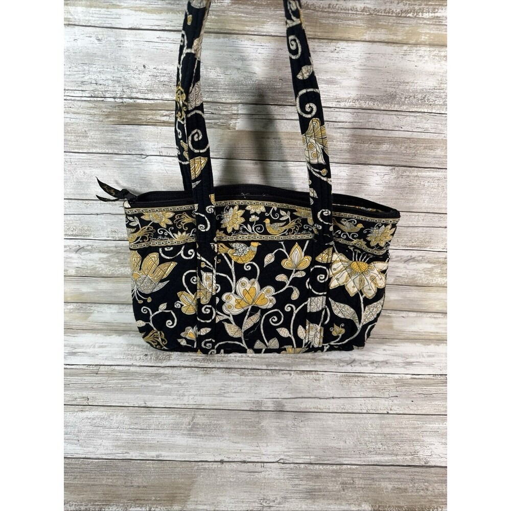 Vera Bradley Night Owl Quilted Cotton Shoulder Bag Black Gold Floral Bird Tote